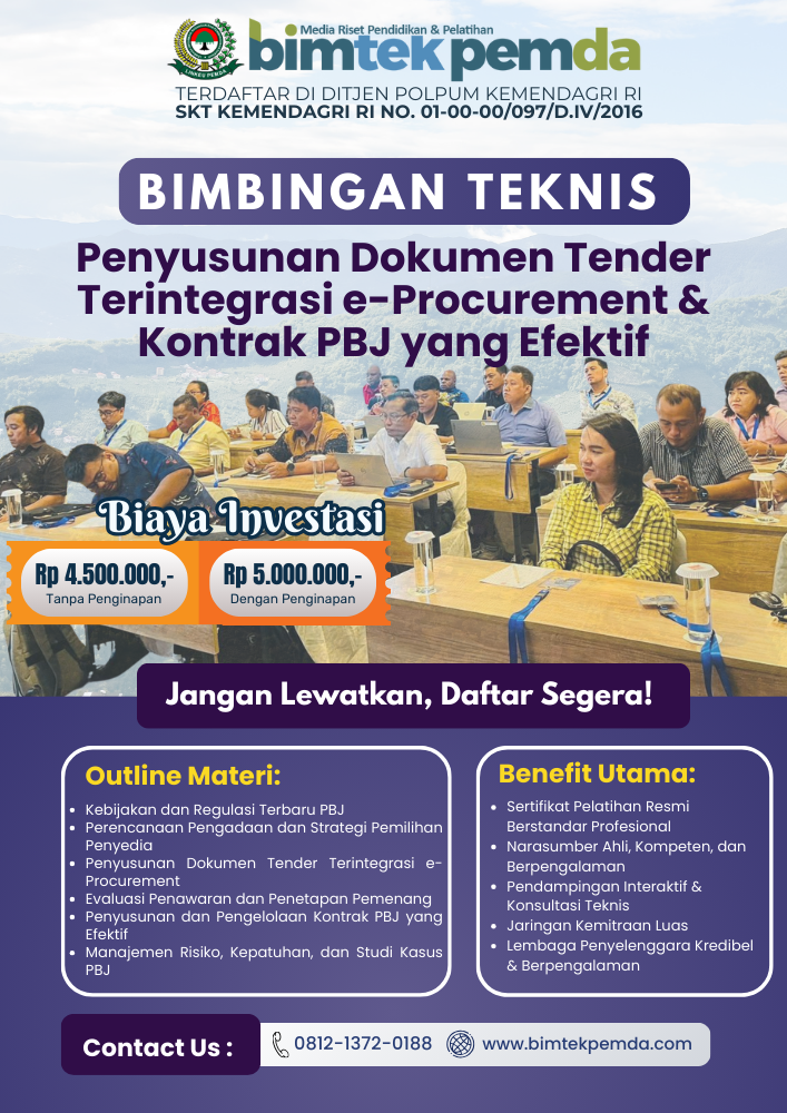 Bimbingan Teknis Penyusunan Dokumen Tender Terintegrasi e-Procurement & Kontrak PBJ yang Efektif Bimbingan Teknis Penyusunan Dokumen Tender Terintegrasi e-Procurement & Kontrak PBJ yang Efektif - Gambar 1