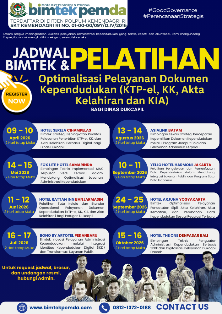 Info Jadwal Bimtek Optimalisasi Pelayanan Dokumen Kependudukan (KTP-el, KK, Akta Kelahiran dan KIA) bagi Dinas Dukcapil Tahun 2026