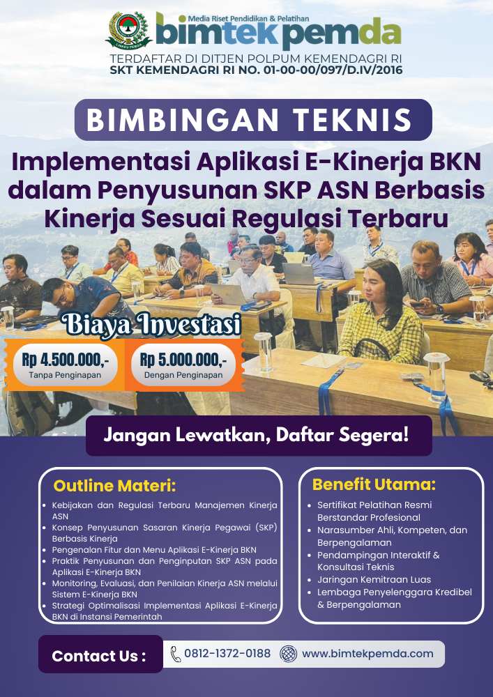 Bimtek Implementasi Aplikasi E-Kinerja BKN dalam Penyusunan SKP ASN Berbasis Kinerja Sesuai Regulasi Terbaru Bimtek Implementasi Aplikasi E-Kinerja BKN dalam Penyusunan SKP ASN Berbasis Kinerja Sesuai Regulasi Terbaru - Gambar 1